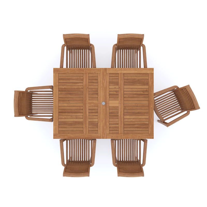 Teak Square to Rectangle 120-170cm Extending Table 4cm Top (6 Oxford Stacking Chairs) Cushions included.