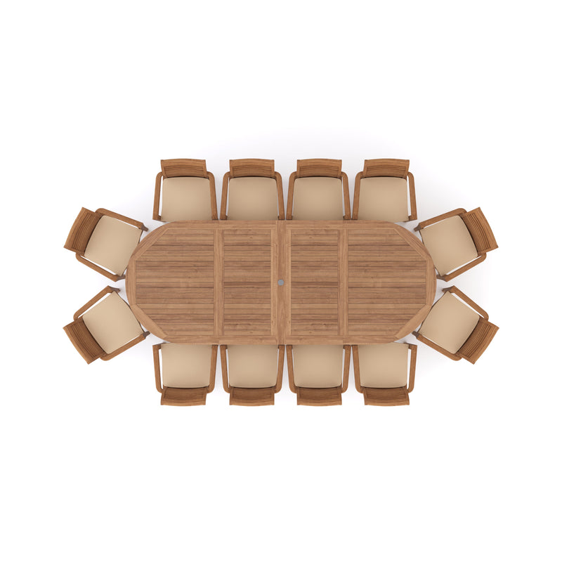 Giant Teak Oval Set 2-3m Extending Table 4cm Top (12 Oxford Stacking Chairs) Free Cushions.