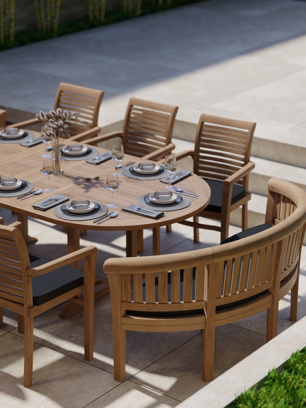 Teak 180-240cm Oval Extending Table 4cm Top (6 Oxford Stacking Chairs 2 San Francisco Benches) Cushions included.