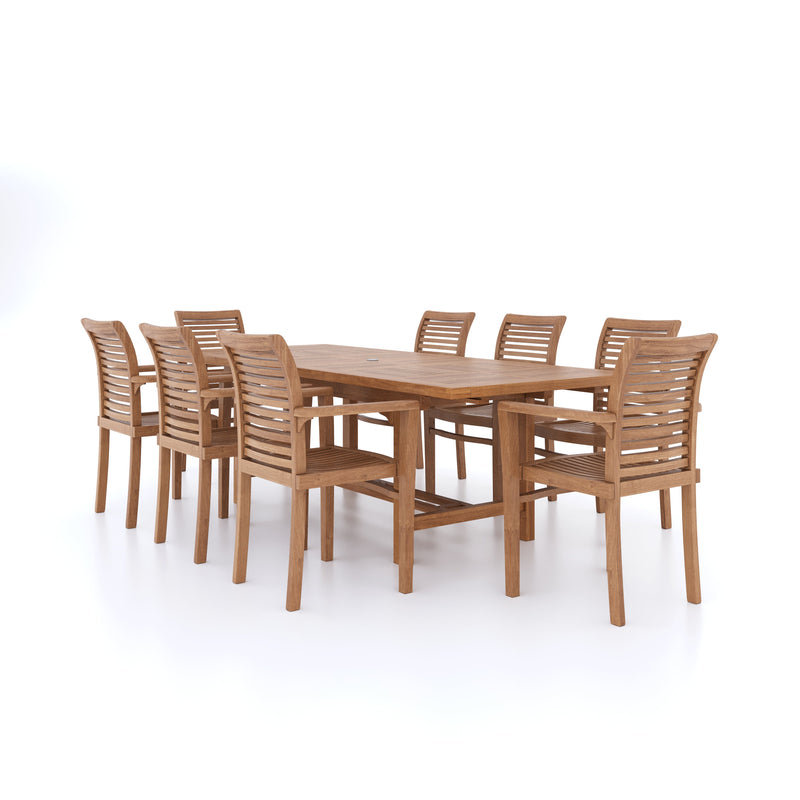 Teak Rectangle 180-240cm Extending Table 4cm Top (8 Oxford Stacking Chairs) Cushions included