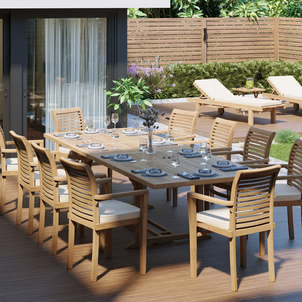 Teak Set 200-300cm Rectangle Extending Table 4cm Top (10 Oxford Stacking Chairs) Cushions included.