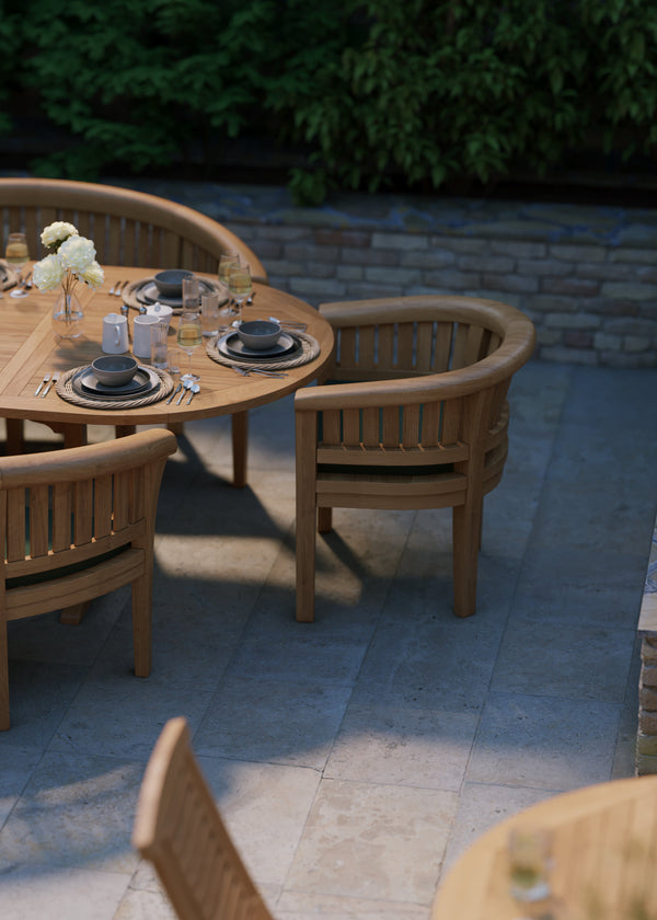 Teak Set Oval 180-240cm Extending Table 4cm Top (2 San Francisco Chairs 2 Benches) Cushions included.