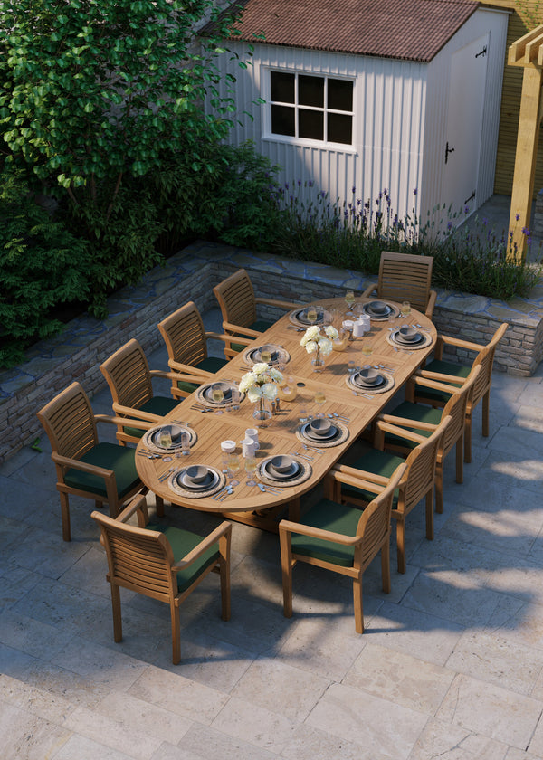 Teak 2-3m Oval Extending Table 4cm Top (10 Oxford Stacking Chairs) Cushions included.