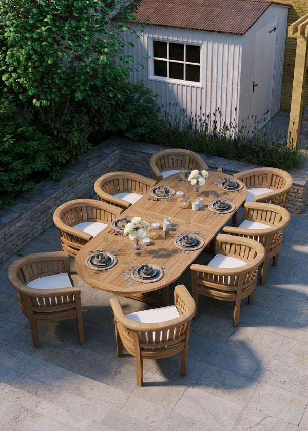 Teak Set Oval 2-3m Extending Table 4cm Top (8 San Francisco Chairs) Cushions included.