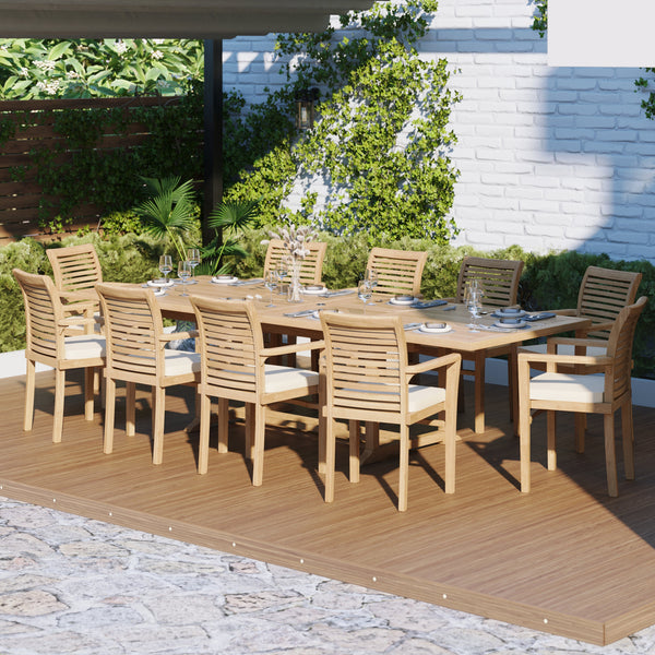 Teak Set 200-300cm Rectangle Extending Table 4cm Top (10 Oxford Stacking Chairs) Cushions included.