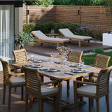 Teak Square to Rectangle 120-170cm Extending Table 4cm Top (6 Oxford Stacking Chairs) Cushions included.