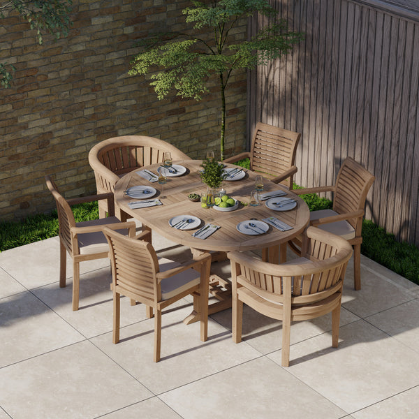 Teak Round To Oval 120-170cm Extending Table 4cm Top (4 Oxford Stacking Chairs 2 San Francisco Chairs) Cushions included.