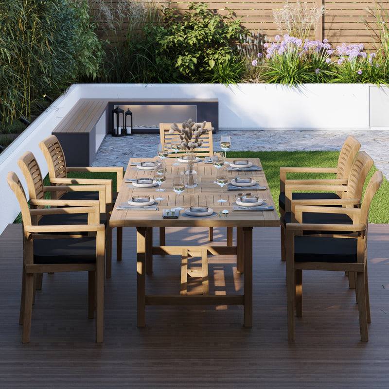 Teak Rectangle 180-240cm Extending Table 4cm Top (8 Oxford Stacking Chairs) Cushions included