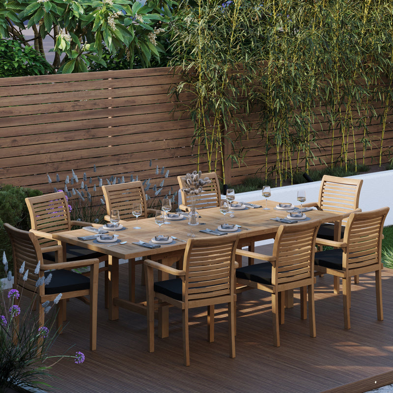 Teak Rectangle 180-240cm Extending Table 4cm Top (8 Oxford Stacking Chairs) Cushions included