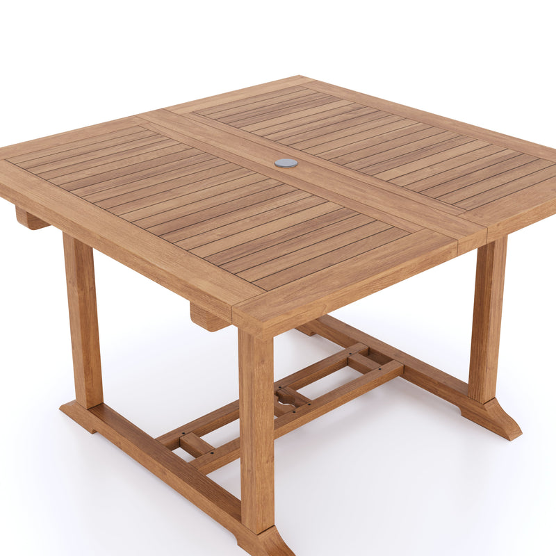 Teak Square to Rectangle 120-170cm Extending Table 4cm Top (6 Oxford Stacking Chairs) Cushions included.