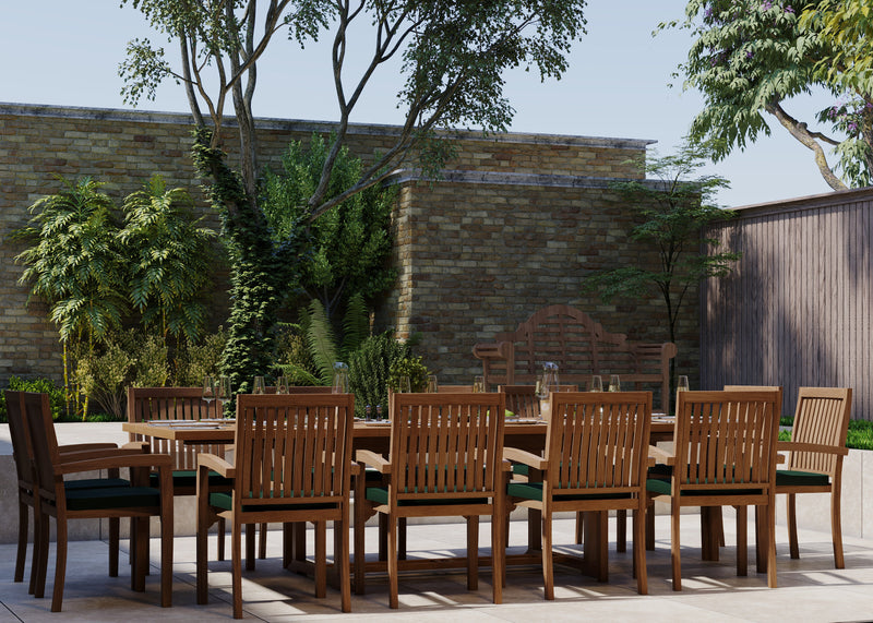 Giant Teak Set 200-300cm Rectangle Extending Table 4cm Top (12 Henley Stacking Chairs) Cushions included.