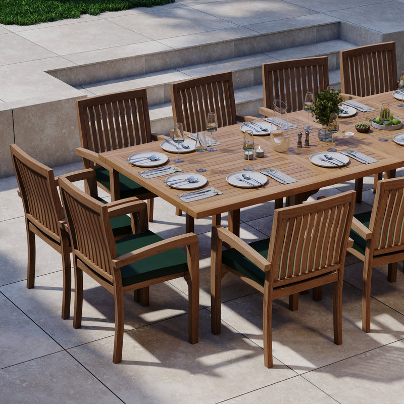 Giant Teak Set 200-300cm Rectangle Extending Table 4cm Top (12 Henley Stacking Chairs) Cushions included.