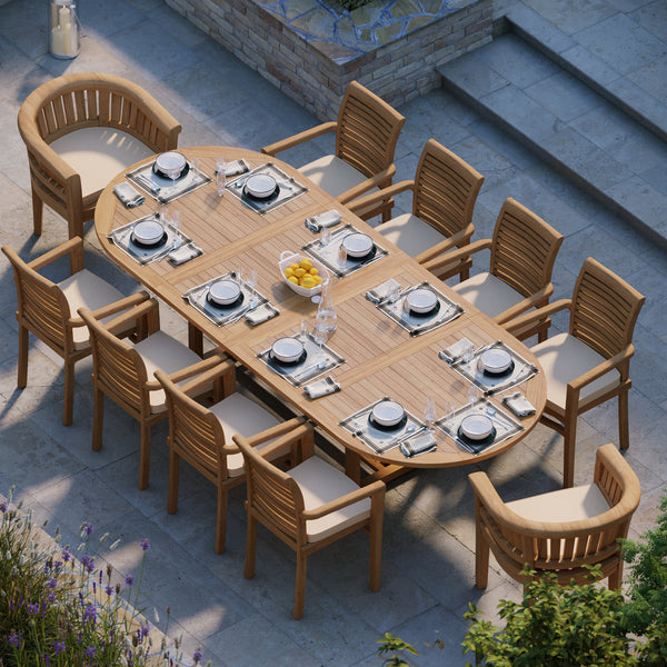 Teak 200-300cm Oval Extending Table 4cm Top (8 Oxford Stacking Chairs 2 San Francisco Chairs) Free Cushions.