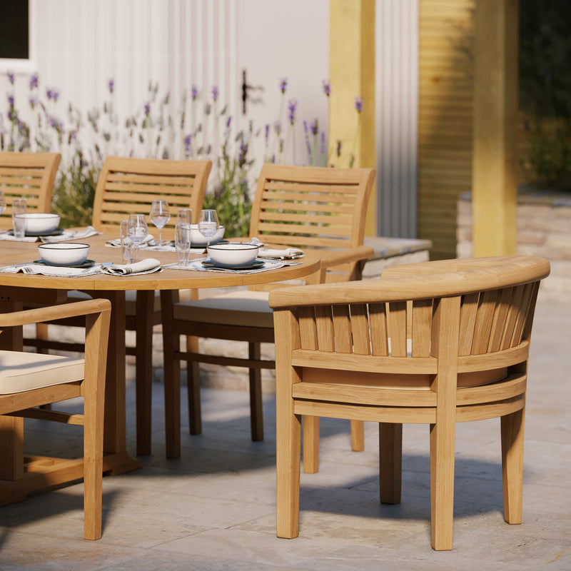 Teak 200-300cm Oval Extending Table 4cm Top (8 Oxford Stacking Chairs 2 San Francisco Chairs) Free Cushions.