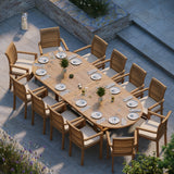Giant Teak Oval Set 2-3m Extending Table 4cm Top (12 Oxford Stacking Chairs) Free Cushions.