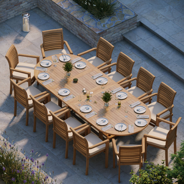 Giant Teak Oval Set 2-3m Extending Table 4cm Top (12 Oxford Stacking Chairs) Free Cushions.