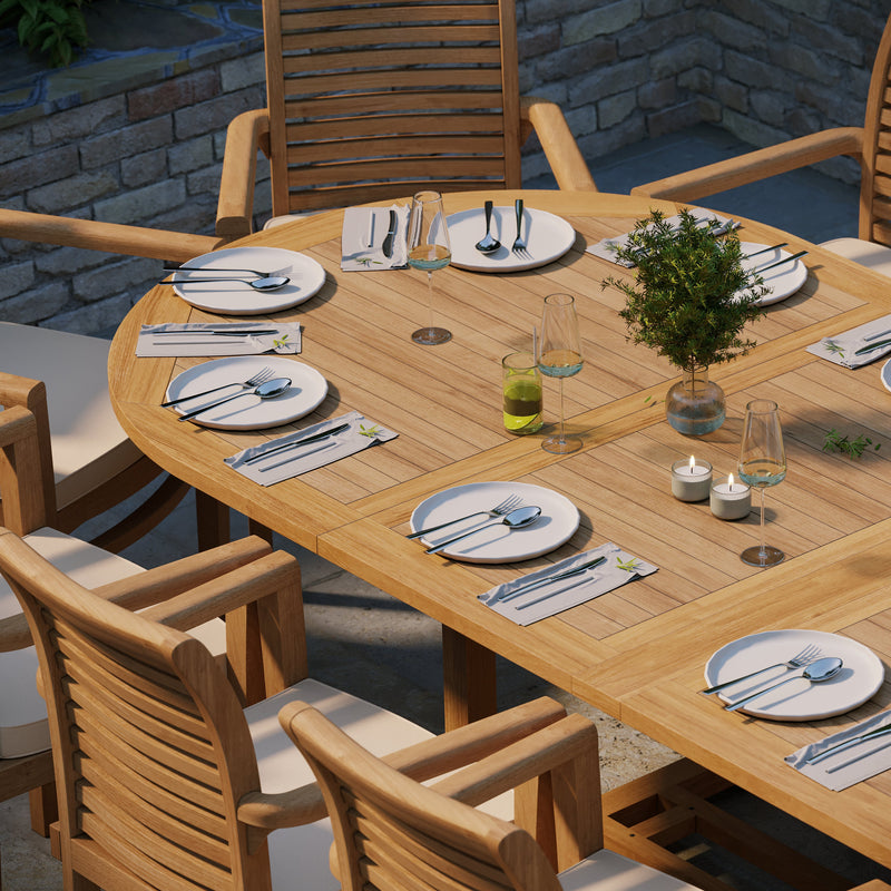 Giant Teak Oval Set 2-3m Extending Table 4cm Top (12 Oxford Stacking Chairs) Free Cushions.