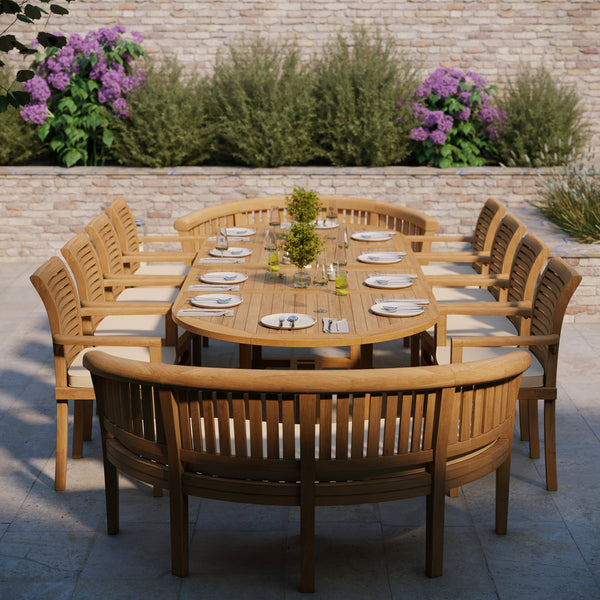 Teak Oval 2-3m Extending Table 4cm Top (8 Oxford Stacking Chairs 2 San Francisco Benches) Free Cushions.