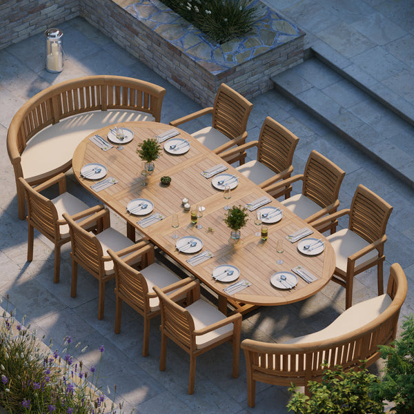 Teak Oval 2-3m Extending Table 4cm Top (8 Oxford Stacking Chairs 2 San Francisco Benches) Free Cushions.